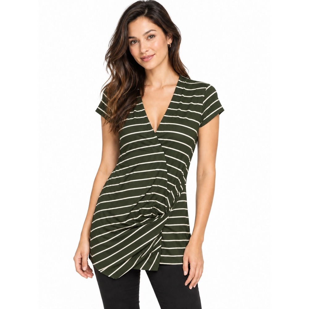 Bailey 44 Olive Green Striped V-Neck Twist Front Top XS Made in USA ANT-A073